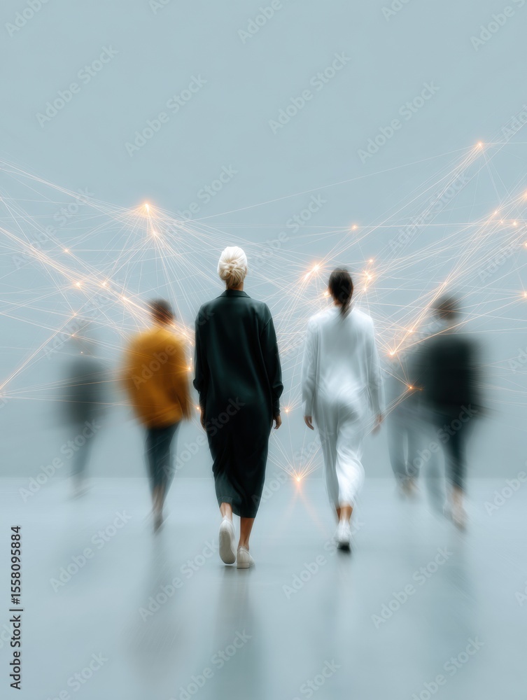 Poster Diverse Business Professionals Walking Amidst Dynamic Digital Network Connections Highlighting Blockchain Technology and Innovation in Fintech Marketing