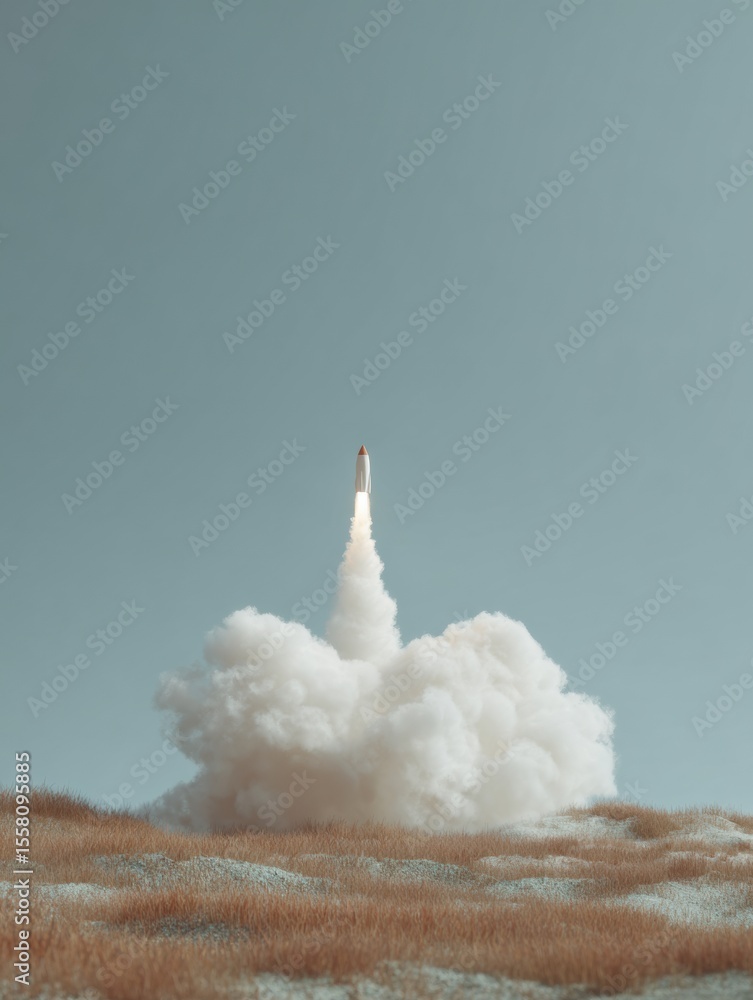 Aufkleber Futuristic rocket launch over digital circuit platform with artificial clouds symbolizing rapid fintech growth and market acceleration in technology startups