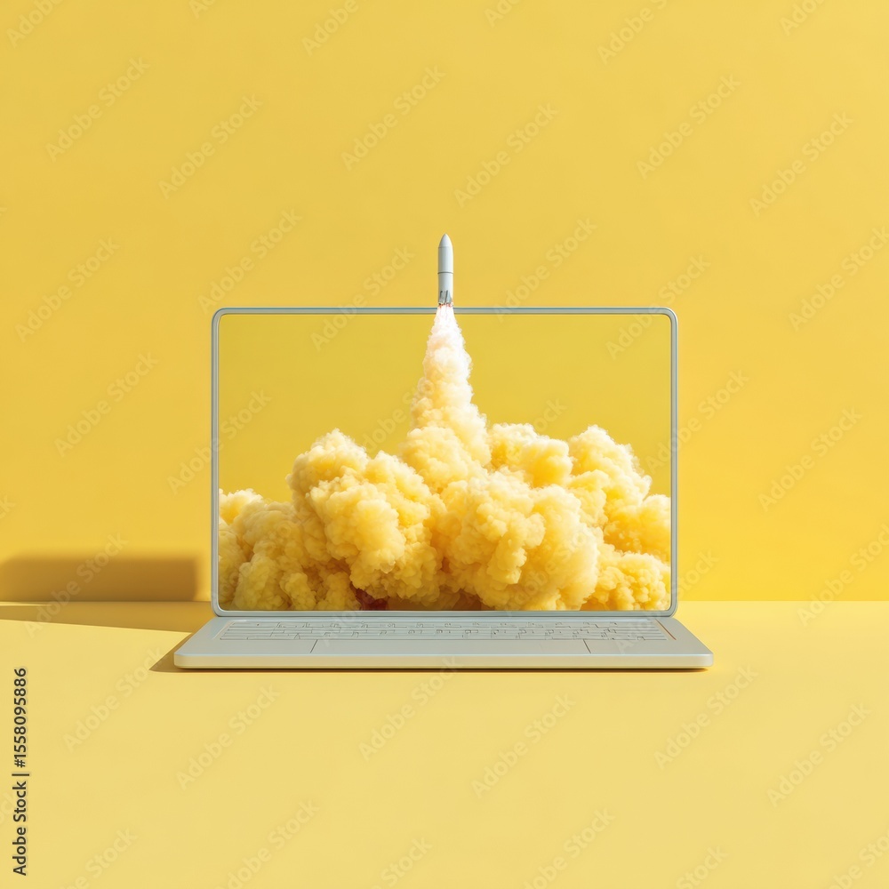 Aufkleber Innovative rocket launch from laptop screen with dynamic cloud smoke on yellow backdrop for tech startup growth and digital business acceleration