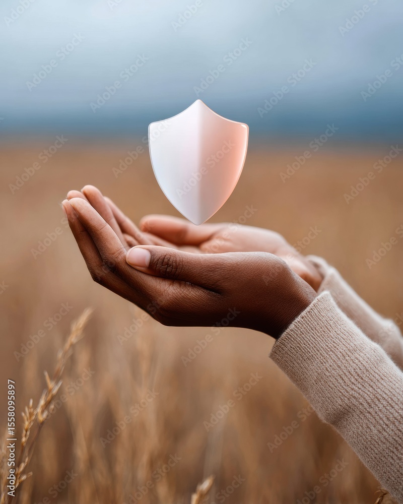 Poster Hands Holding Floating Shield Symbolizing Digital Security and Cyber Protection with Focus on Infrastructure Audit for Tech and Business Innovation