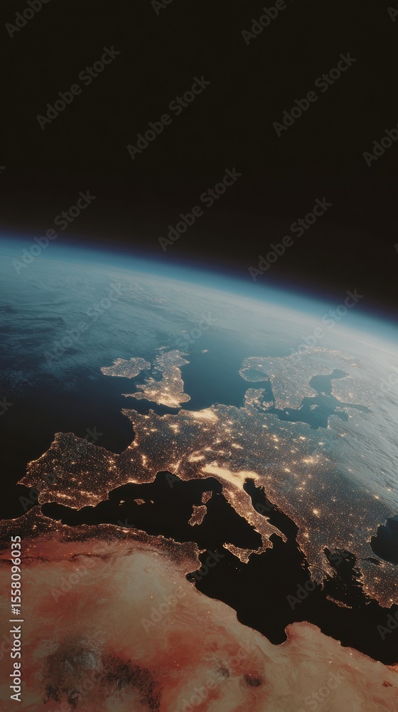 Aufkleber satellite view of europe and mediterranean at night with city lights highlighting connectivity and g