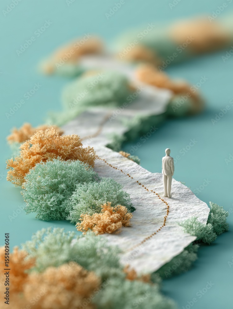 Poster minimalist goal roadmap with paper texture and figurine symbolizing entrepreneurship journey and lea