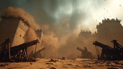 Ancient Siege Catapults bombard towering fortress walls amidst a swirling sandstorm in the desert.