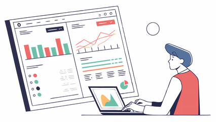 Person working on laptop with large display showing charts and graphs in a modern style illustration