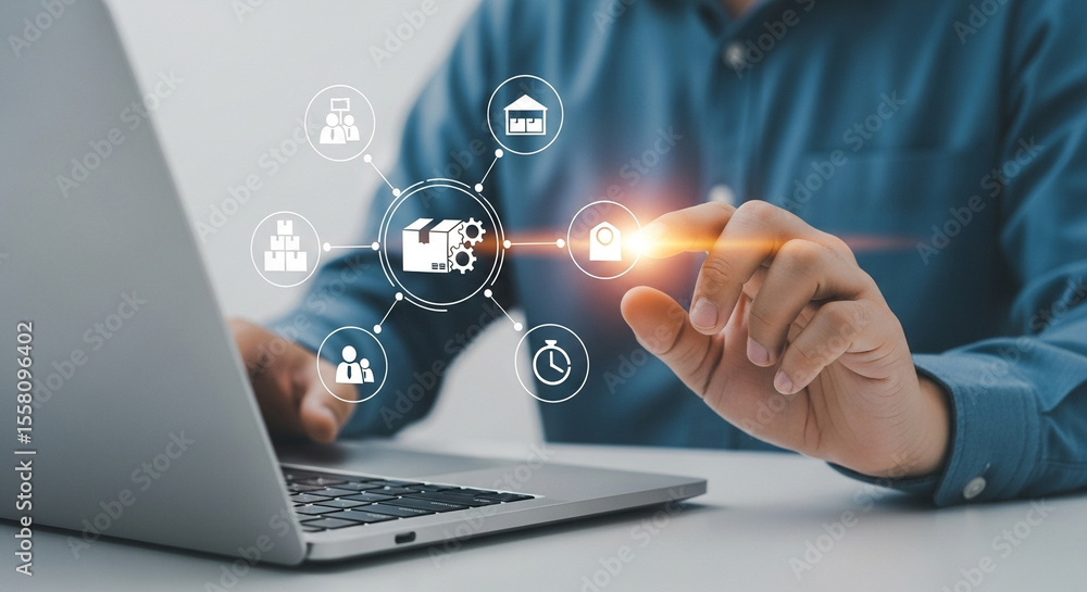Poster A person using a laptop with logistics icons showing supply chain management and distribution network