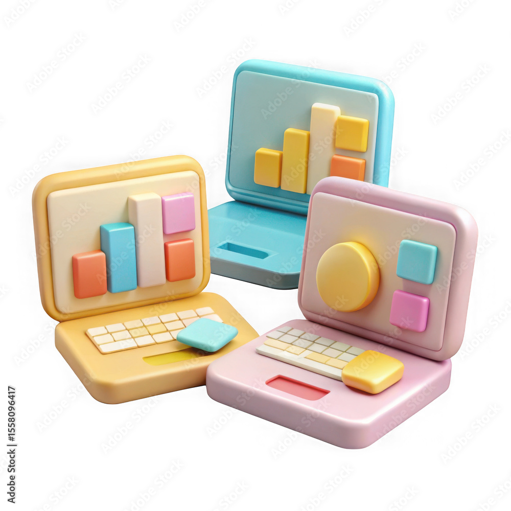 Poster three pastel laptops displaying colorful graphs isolated on transparent background