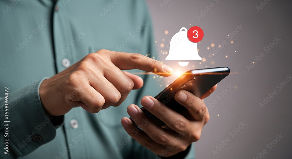 Poster Person using smartphone with notification bell icon and number three displayed above the phone screen