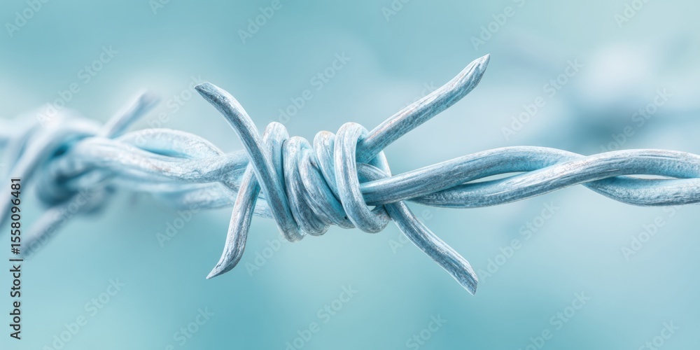 Poster intricate barbed wire fence closeup with sharp metallic twists representing security, danger, and co