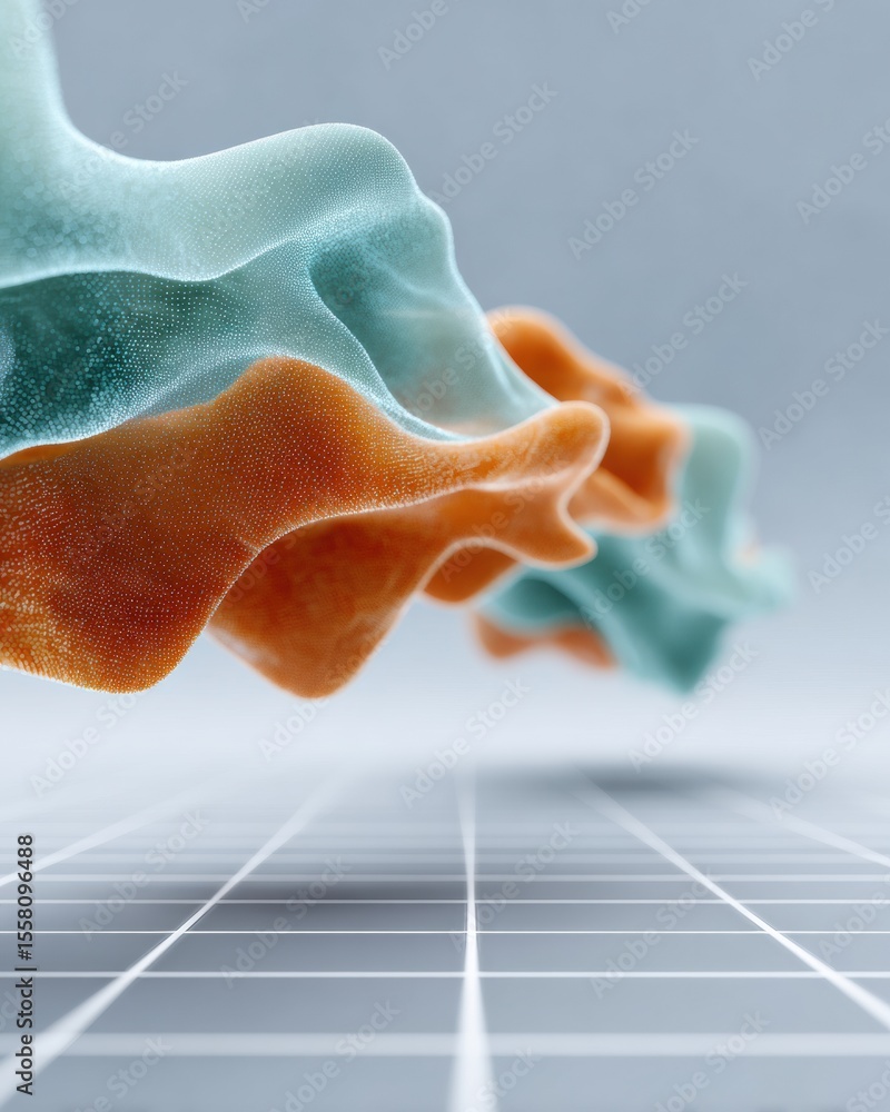 Poster Abstract digital waves in teal and orange floating over futuristic grid, symbolizing data flow and innovation in tech and digital business environments
