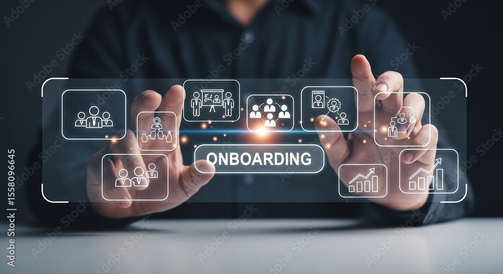 Poster Man interacting with onboarding interface with team and growth icons in a digital display