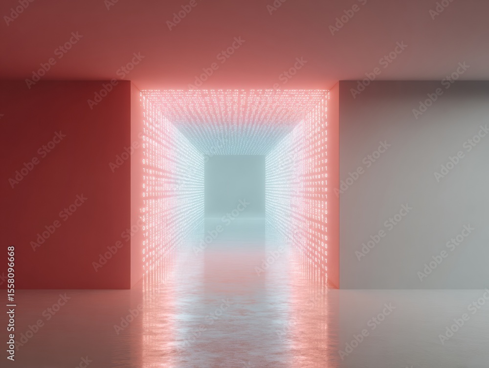 Poster Futuristic Digital Corridor with Glowing Matrix Data Streams and Circuit Patterns for Technology Advertising and Digital Security Innovation