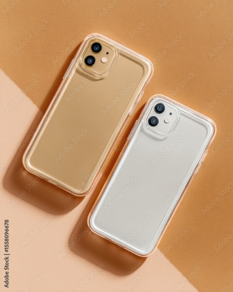 Poster transparent smartphone protective cases displayed flat on stylish two-tone leather surface for durab