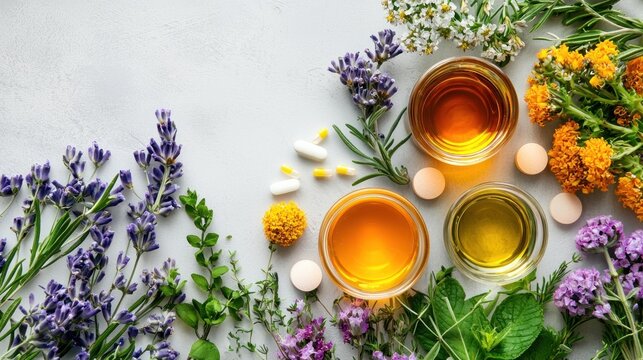 Three glasses of herbal tea with lavender and marigold flowers on a white background.