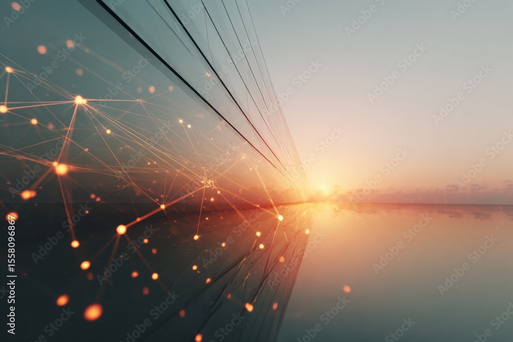 Poster Digital network grid structure with glowing interconnected points and sunrise reflection, symbolizing advanced connectivity in modern technology and innovation