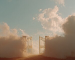 Ornate golden gates opening to a radiant heavenly realm with shimmering clouds and bright light symbolizing hope and new opportunities
