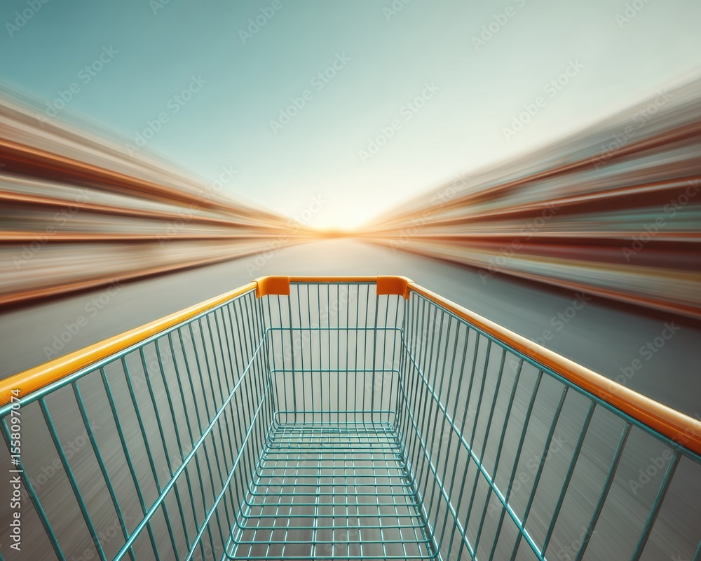 Poster futuristic shopping cart in motion with digital integration in modern retail space enhancing custome