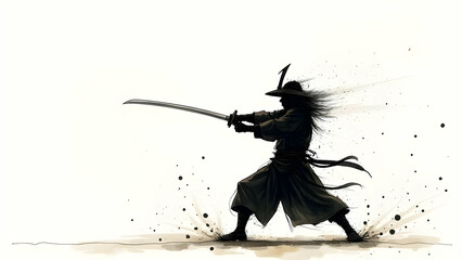 A silhouetted samurai warrior swiftly draws his katana sword against a stark white background with motion trails.