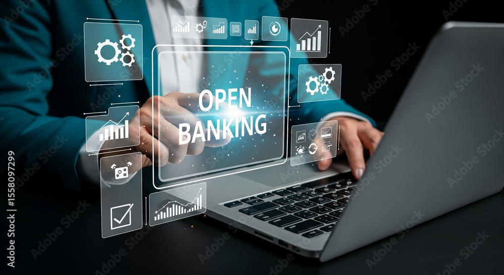 Poster Person typing on a laptop with open banking interface and business icons overlayed on screen view
