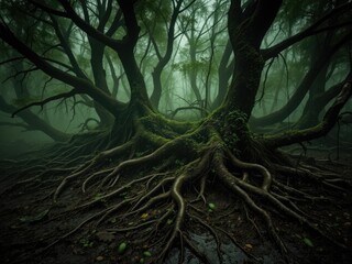 Fototapeta premium Eerie Green Fog Envelops Twisted Roots