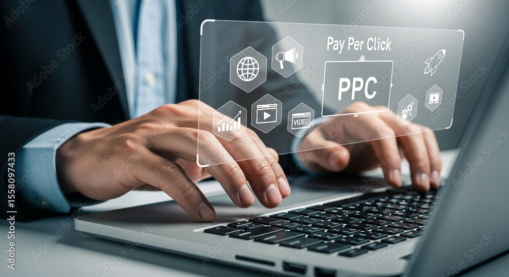 Poster close up of hands typing on a laptop with pay per click marketing concept overlayed on the screen