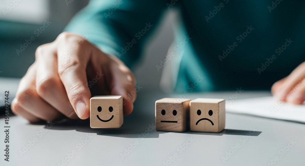 Aufkleber Hand selecting a wooden block with a happy face from a set of emotion blocks on a gray surface