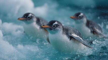 Fototapeta premium Penguins slide on ice profile