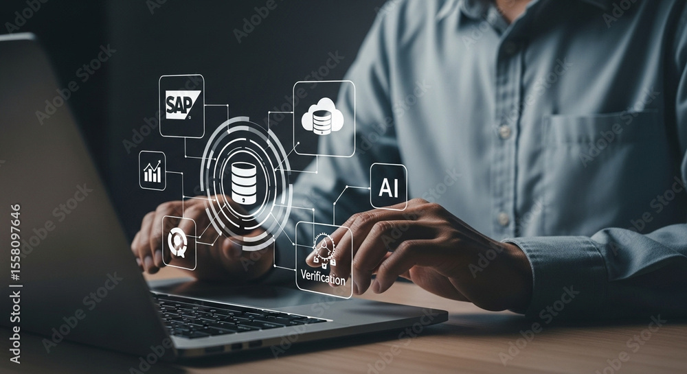 Poster Man using laptop with digital icons displaying sap ai cloud verification and data analytics concept