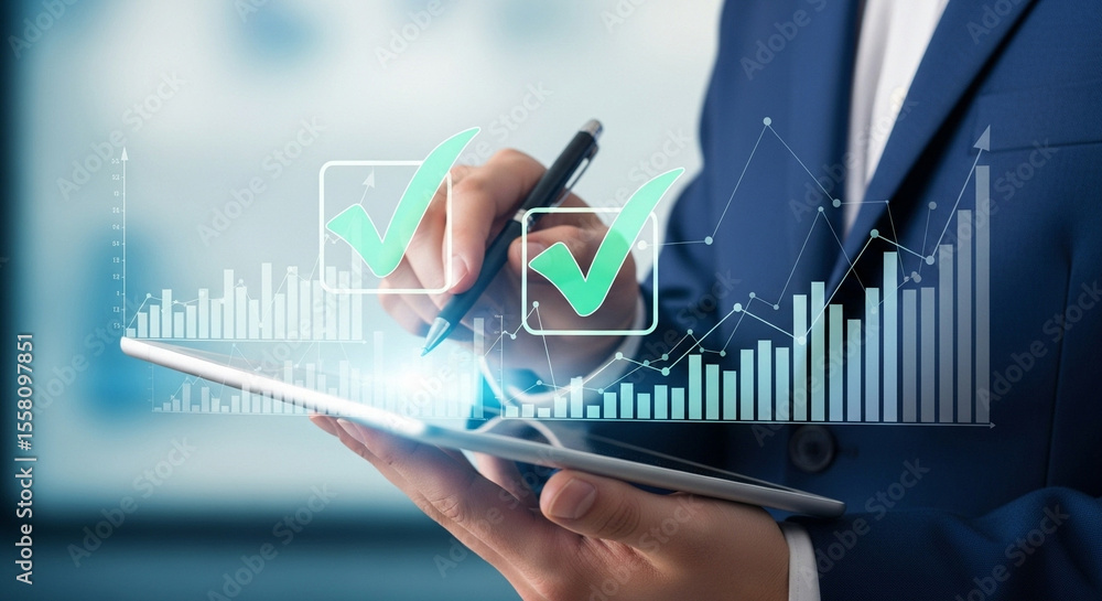 Poster Man in suit using tablet with checkmarks and bar graph overlay for business and data analysis