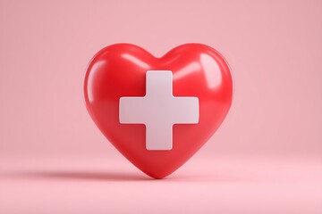 Obraz premium 3D render, heart shape, medical cross, red heart, white cross, health symbol, glossy texture, A symbolic red heart with a white medical cross rests on a soft pink backdrop, 32k Resolution