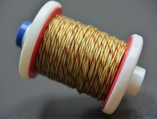 A close-up photograph of a kite string spool, with taut thread and colorful accents