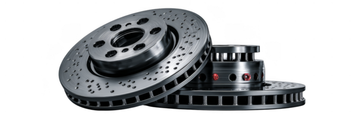 Two drilled and ventilated automotive brake discs stacked, showcasing detailed metal surfaces and cooling holes.