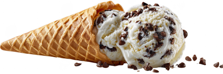 Two scoops of chocolate chip ice cream with waffle cone and scattered chocolate pieces.