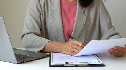 Business woman employer holding resume hiring recruit looking cv resume to hire candidates, analyzing information before job interview. Recruitment concepts.