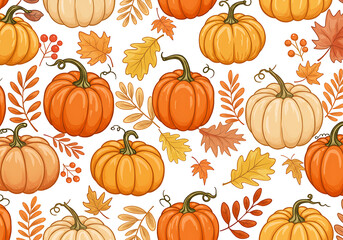 Cartoon Pumpkins and Autumn Leaves Seamless Pattern on White Background.
