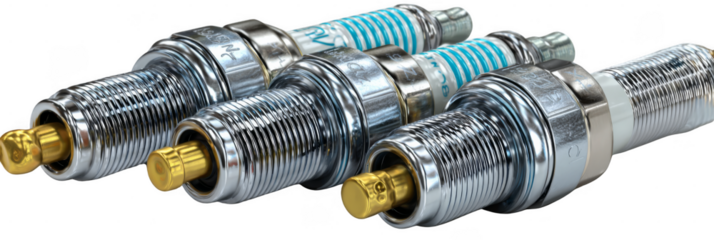 Three metallic spark plugs with threaded bodies and electrodes, arranged side by side, showcasing their detailed construction and cylindrical shape.