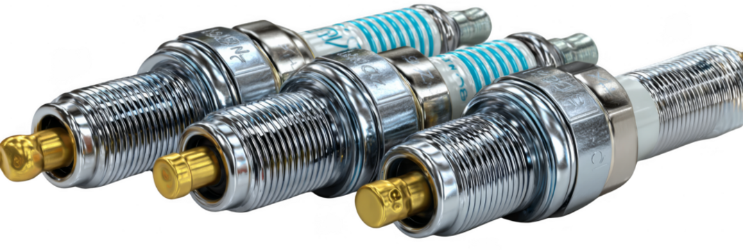 Three metallic spark plugs with threaded bodies and electrodes, arranged side by side, showcasing their detailed construction and cylindrical shape.