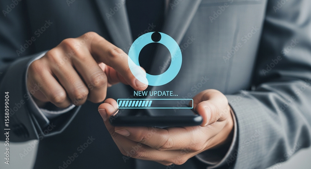 Poster Man in suit holding phone with new update notification and progress bar on the screen in close up