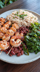 Grilled shrimp skewers with red beans, rice and greens