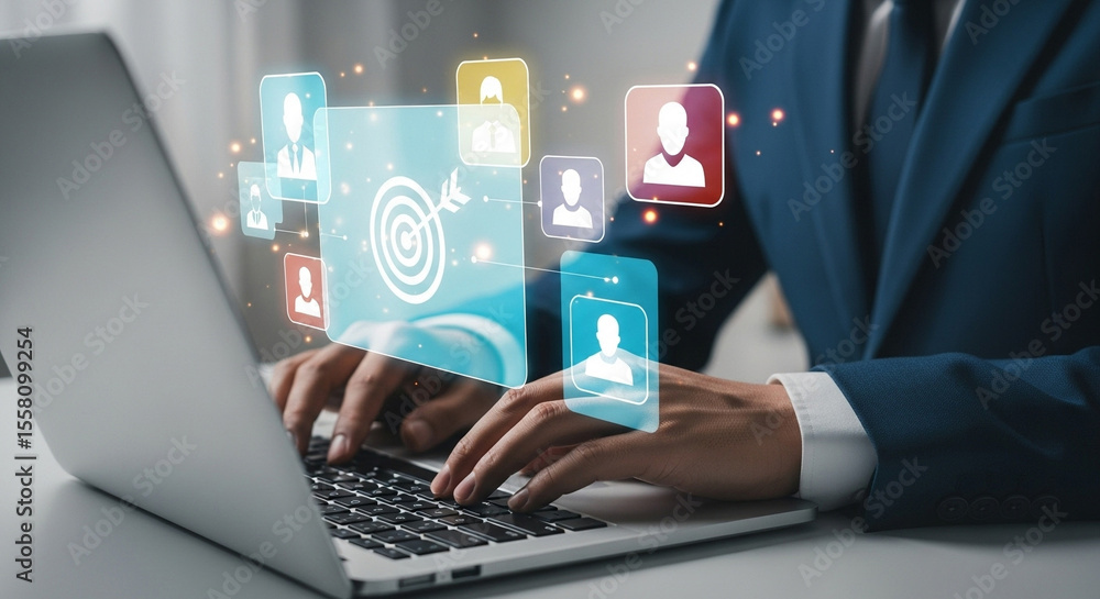 Aufkleber person typing on laptop with target and profile icons floating above the keyboard in a blue suit