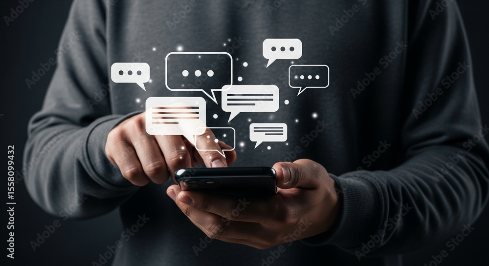 Poster Person using a smartphone with speech bubbles overlayed, suggesting online communication and messaging apps use
