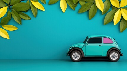 Teal Toy Car with Green and Yellow Leaves on Teal Background