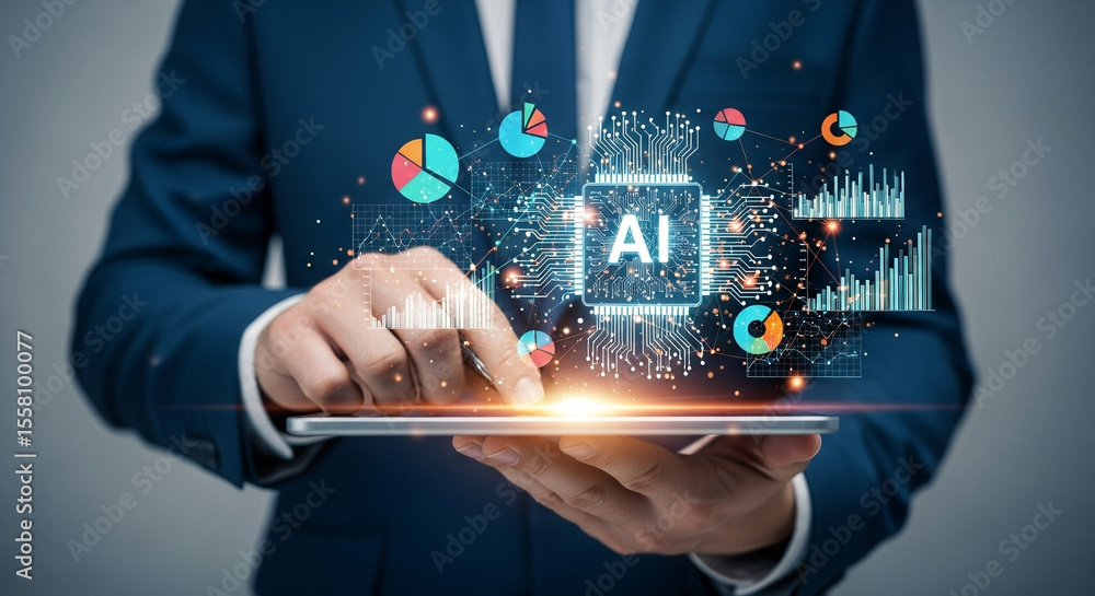 Leinwandbilder Man in suit holding tablet with ai interface and data visualizations projected above the screen