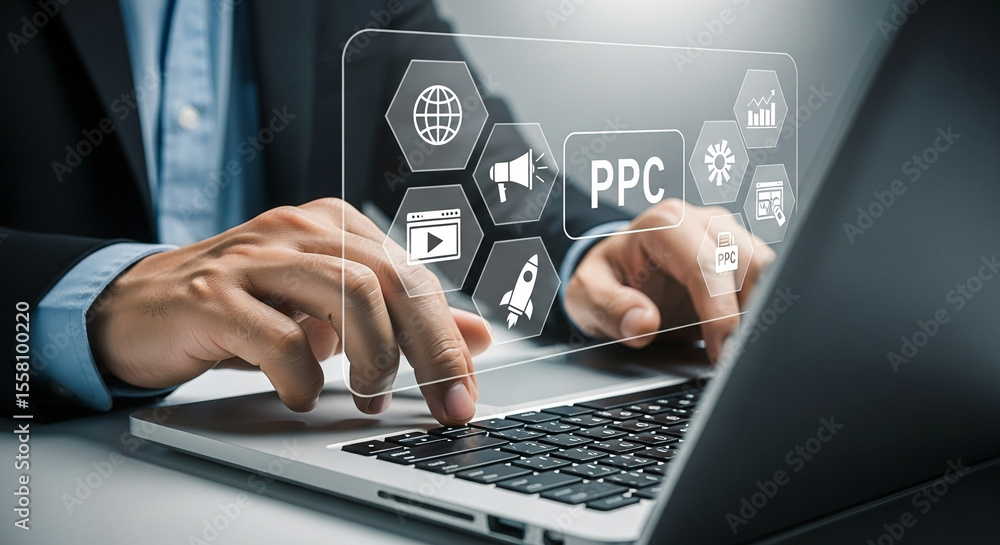 Poster man typing on laptop with ppc icons overlaying screen showing digital marketing strategy concept