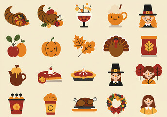 Collection of Cute Thanksgiving Icons Autumnal Food Drinks and Pilgrim Characters.