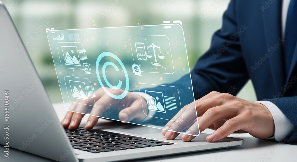 Aufkleber person typing on a laptop with copyright symbol and images displayed on a transparent screen overlay