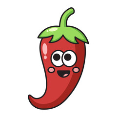 Smiling red chili cartoon icon with green stem and cute face isolated on white background