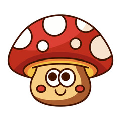 Adorable cartoon mushroom with red cap and smiley face isolated on white background