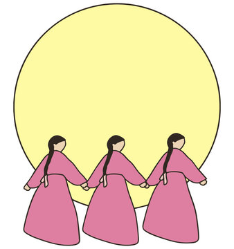 보름달 아래에서 즐기는 한국 민속놀이인 강강술래 일러스트