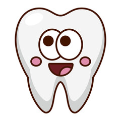 Cute smiling tooth character with big eyes cartoon isolated on white background.