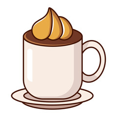 Creamy hot drink in cute cup with whipped topping cartoon isolated on white background.